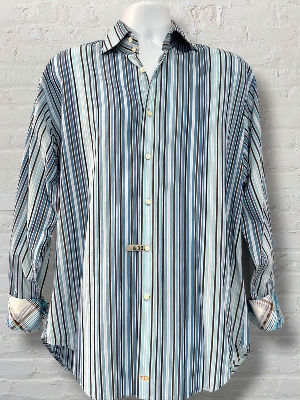 Thomas Dean Men’s L Blue Multi Color Stripe Button Down Shirt with Plaid Cuffs